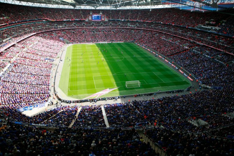 Wembley Stadium during a football soccer match between Liverpool and Everton Wembley Stadium during a football soccer match between Liverpool and Everton