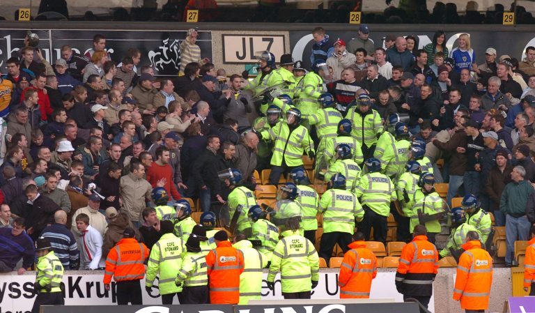 Cardiff City football club supporters clash with police at Molineux 2006