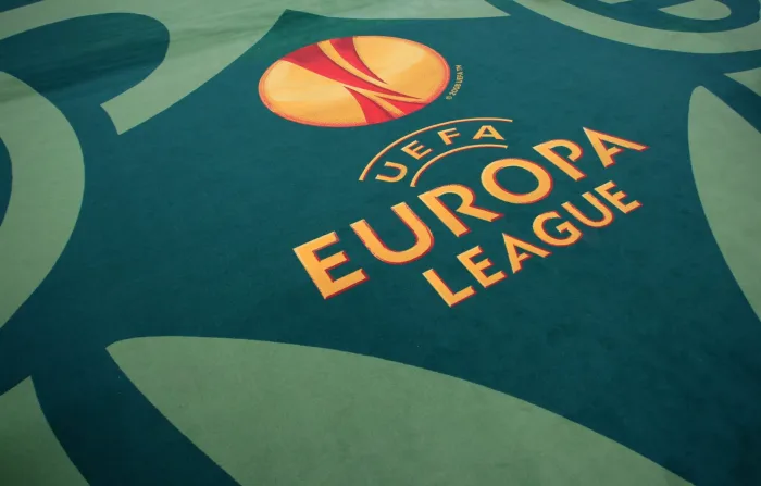 UEFA Europa League branding in the players tunnel at the Aviva Stadium Streama Europa League