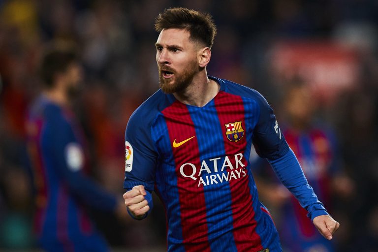 Barcelona, Spain. 19th Mar, 2017. Lionel Messi (FC Barcelona) celebrates after scoring, during La Liga football match between FC Barcelona and Valencia CF, at the Camp Nou stadium in Barcelona, Spain, Sunday March 19, 2017. Foto: S.Lau Credit: dpa/Alamy L