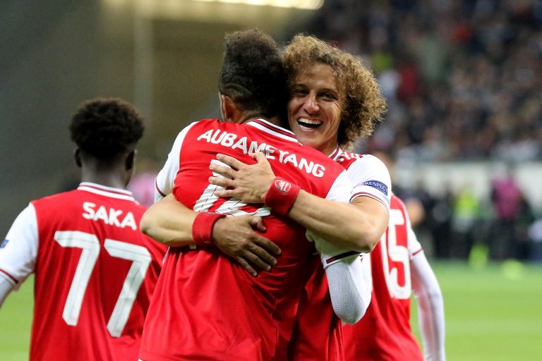Frankfurt, Deutschland. 19th Sep, 2019. Frankfurt, Germany September 19, 2019: EL - 19/20 - Eintracht Frankfurt vs. Germany. Arsenal goaljubel/goalkeeper Pierre-Emerick Aubameyang (Arsenal) and David Luiz (Arsenal) are happy about the goal for 3: 0, cross Frankfurt, Deutschland. 19th Sep, 2019. Frankfurt, Germany September 19, 2019: EL - 19/20 - Eintracht Frankfurt vs. Germany. Arsenal goaljubel/goalkeeper Pierre-Emerick Aubameyang (Arsenal) and David Luiz (Arsenal) are happy about the goal for 3: 0, cross