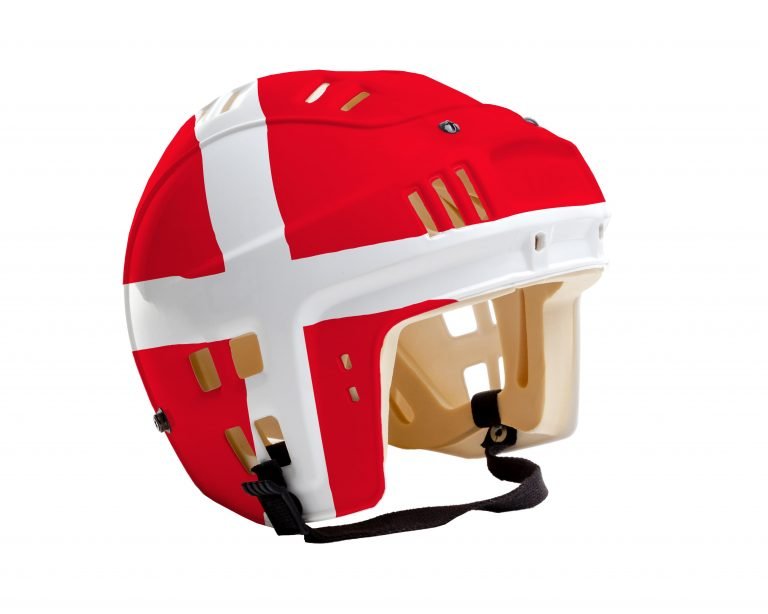 Ice hockey helmet with flag of Denmark painted on it. Isolated on white background. Denmark is one of the world's major ice hockey nations.