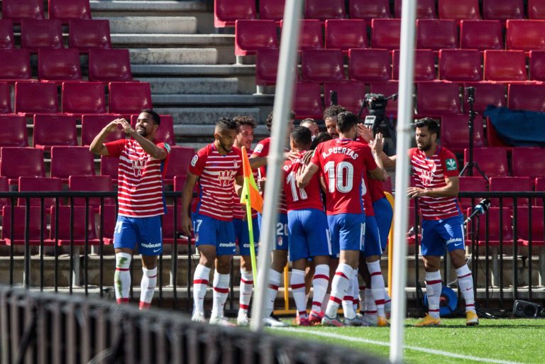 angel Herrera of Granada celebrates with teammates during the Spanish championship LaLiga football match between Granada CF and Sevilla FC on October