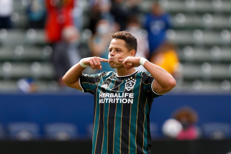 Carson, California, USA. 25th Apr, 2021. LA Galaxy forward Javier ''Chicharito'' Hernandez (14) celebrates his goal during the second half of an MLS soccer match against the New York Red Bulls, Sunday, April 25, 2021, in Carson, Calif. LA Galaxy won 3-2.