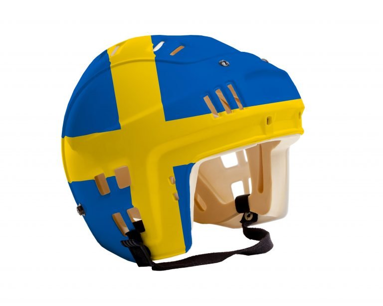 Ice hockey helmet with flag of Sweden painted on it. Isolated on white background. Sweden is one of the world's major ice hockey nations.