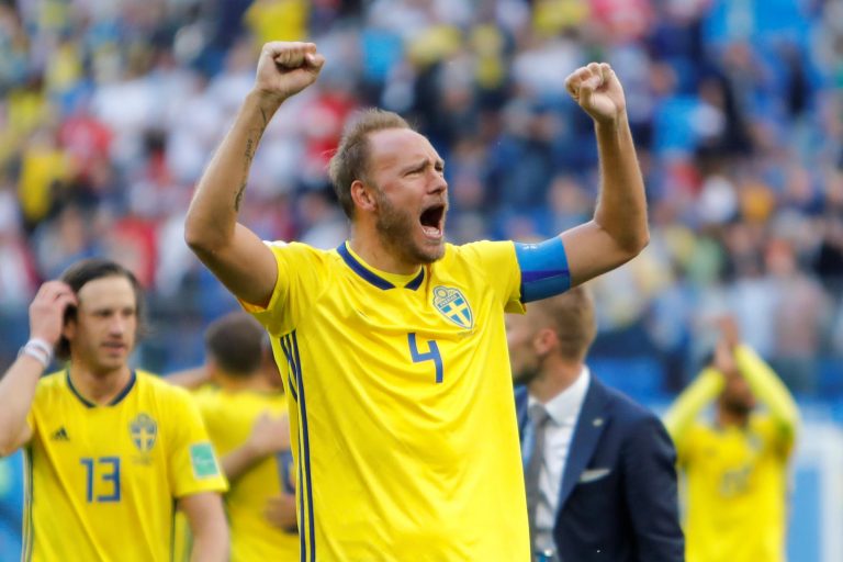 SAINT PETERSBURG, RUSSIA - JULY 3: Andreas Granqvist (C) of Sweden national team celebrates victory during the 2018 FIFA World Cup Russia Round of 16 match between Sweden and Switzerland at Saint Petersburg Stadium on July 3, 2018 in Saint Petersburg, Rus