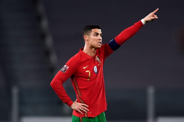 Turin, Italy - 24 March, 2021: Cristiano Ronaldo of Portugal gestures during the FIFA World Cup 2022 Qatar qualifying football match between Portugal and Azerbaijan. Portugal face Azerbaijan at a neutral venue in Turin behind closed doors to prevent the s