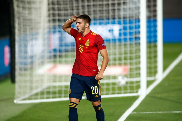 Ferran Torres of Spain celebrates a goal during the UEFA Nations League football match between Spain and Ukraine on september 06, 2020 at Alfredo Di S