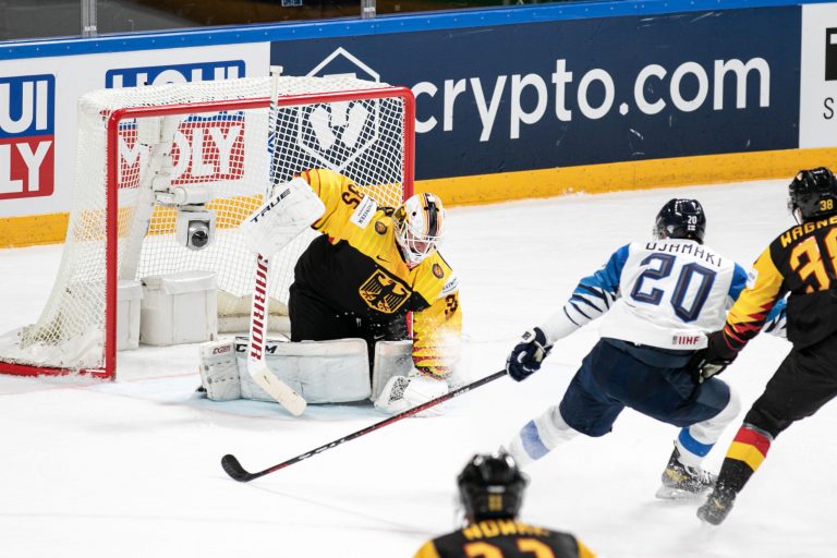 NIEDERBERGER Mathias (Germany) OJAMAKI Niko (Finland) during World Championship 2021 - Germany vs Finland, Ice Hockey, - Photo .LiveMedia/Andrea Re NIEDERBERGER Mathias (Germany) OJAMAKI Niko (Finland) during World Championship 2021 - Germany vs Finland, Ice Hockey, - Photo .LiveMedia/Andrea Re