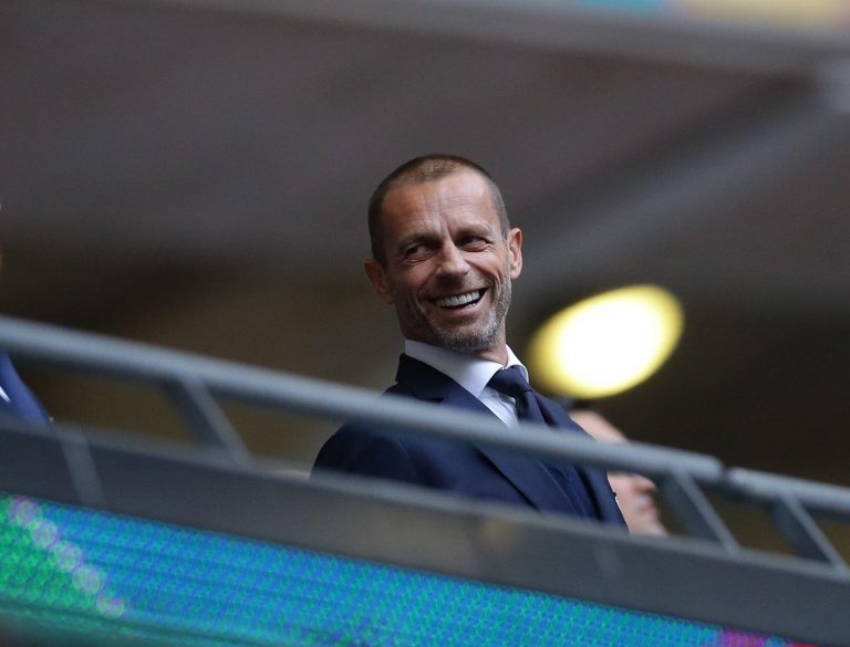 London, England, 6th July 2021. UEFA President Aleksander Ceferin during the UEFA Euro 2020 match at Wembley Stadium, London. Picture credit should read: David Klein / Sportimage London, England, 6th July 2021. UEFA President Aleksander Ceferin during the UEFA Euro 2020 match at Wembley Stadium, London. Picture credit should read: David Klein / Sportimage