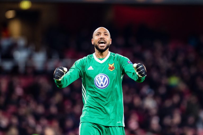 LONDON, ENGLAND - FEBRUARY 22: Aly Keita (1) of Ostersunds FK, celebrate 2nd goal during UEFA Europa League Round of 32 match between Arsenal and Ostersunds FK at the Emirates Stadium on February 22, 2018 in London, United Kingdom. LONDON, ENGLAND - FEBRUARY 22: Aly Keita (1) of Ostersunds FK, celebrate 2nd goal during UEFA Europa League Round of 32 match between Arsenal and Ostersunds FK at the Emirates Stadium on February 22, 2018 in London, United Kingdom.