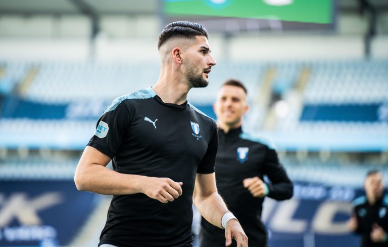 Malmo, Sweden. 9th May, 2021. Antonio Colak (9) of Malmo FF seen warming up before the Allsvenskan match between Malmo FF and Varbergs BoIS at Eleda Stadion in Malmo, Sweden. (Photo Credit: Gonzales Photo/Alamy Live News