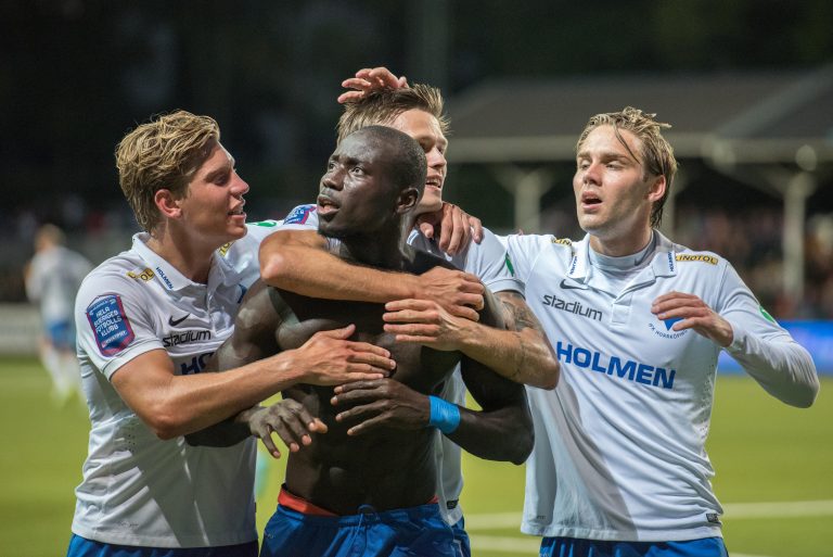 Alhaji Kamara celebrates after scoring for IFK Norrkoping against Atvidabergs FF in the Swedish league