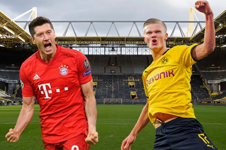 PHOTOMONTAGE: Preview Borussia Dortmund-FC Bayern Munich on November 7th, 2020 meeting of the two goal guarantors Robert LEWANDOWSKI (FC Bayern Munich) and Erling HAALAND (Borussia Dortmund) at the top duel of the 7th matchday. The empty BVB stadium after PHOTOMONTAGE: Preview Borussia Dortmund-FC Bayern Munich on November 7th, 2020 meeting of the two goal guarantors Robert LEWANDOWSKI (FC Bayern Munich) and Erling HAALAND (Borussia Dortmund) at the top duel of the 7th matchday. The empty BVB stadium after
