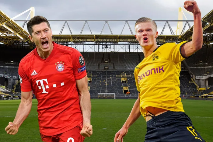 PHOTOMONTAGE: Preview Borussia Dortmund-FC Bayern Munich on November 7th, 2020 meeting of the two goal guarantors Robert LEWANDOWSKI (FC Bayern Munich) and Erling HAALAND (Borussia Dortmund) at the top duel of the 7th matchday. The empty BVB stadium after Dortmund – Bayern München, 17/8: Speltips & stream