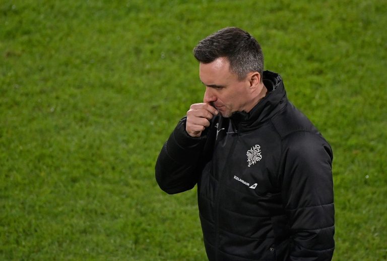 Duisburg, Germany. 25th Mar, 2021. Football: World Cup Qualification Europe, Germany - Iceland, Group Stage, Group J, Matchday 1 at Schauinsland-Reisen-Arena. Iceland's coach Arnar Thor Vidarsson touches his nose. IMPORTANT NOTE: In accordance with the re Duisburg, Germany. 25th Mar, 2021. Football: World Cup Qualification Europe, Germany - Iceland, Group Stage, Group J, Matchday 1 at Schauinsland-Reisen-Arena. Iceland's coach Arnar Thor Vidarsson touches his nose. IMPORTANT NOTE: In accordance with the re