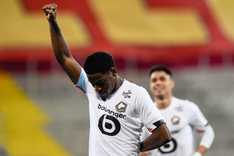 Lille Canadian forward Jonathan David celebrates after scoring a goal during the French Ligue 1 football match between Lens (RCL) and Lille (LOSC) in Lens, France, on May 7, 2021. Photo by Julie Sebadelha/ABACAPRESS.COM Lille Canadian forward Jonathan David celebrates after scoring a goal during the French Ligue 1 football match between Lens (RCL) and Lille (LOSC) in Lens, France, on May 7, 2021. Photo by Julie Sebadelha/ABACAPRESS.COM
