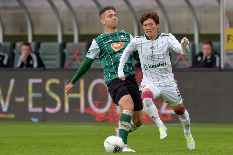 August 5, 2021, Jablonec nad Nisou, Czech Republic: JAKUB POVAZANEC of Jablonec (L) fight for ball with Celtic's KYOGO FURUHASHI (R) during the Third qualifying round UEFA Europe league, FK Jablonec vs Celtic FC in Jablonec nad Nisou in the Czech Republic August 5, 2021, Jablonec nad Nisou, Czech Republic: JAKUB POVAZANEC of Jablonec (L) fight for ball with Celtic's KYOGO FURUHASHI (R) during the Third qualifying round UEFA Europe league, FK Jablonec vs Celtic FC in Jablonec nad Nisou in the Czech Republic