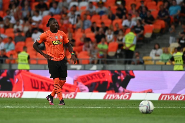 KYIV, UKRAINE - 24 JULY, 2021: Lassina Traore during the football match of Ukraine Premiere LeagueFC Shakhtar - FC Ingulec KYIV, UKRAINE - 24 JULY, 2021: Lassina Traore during the football match of Ukraine Premiere LeagueFC Shakhtar - FC Ingulec