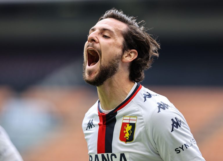 Milan, Italy. 18th Apr, 2021. Mattia Destro of Genoa CFC celebrates after scoring a goal during the 2020/21 Italian Serie A football match between AC Milan and Genoa CFC at the Giuseppe Meazza Stadium.Final score; AC Milan 2:1 Genoa CFC. Credit: Fabrizio Milan, Italy. 18th Apr, 2021. Mattia Destro of Genoa CFC celebrates after scoring a goal during the 2020/21 Italian Serie A football match between AC Milan and Genoa CFC at the Giuseppe Meazza Stadium.Final score; AC Milan 2:1 Genoa CFC. Credit: Fabrizio