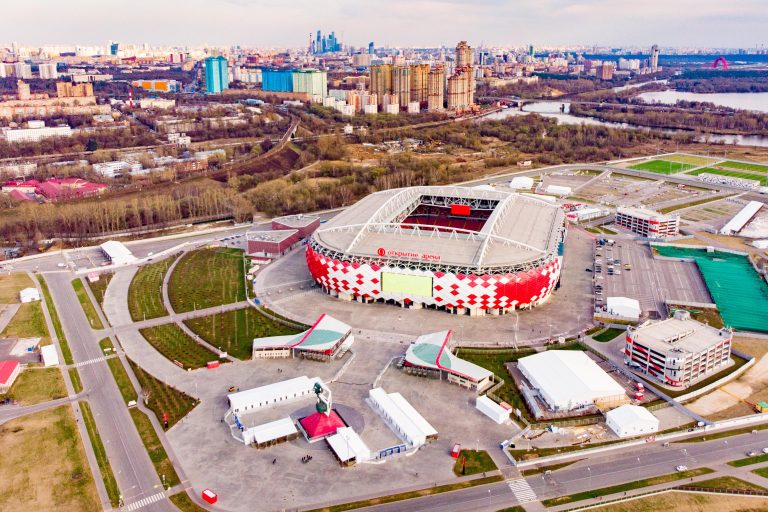 Moscow, Russia - April 24, 2018: Aerial view of Spartak Stadium Otkritie Arena . Beautiful panorama of modern Spartak Stadium from above.