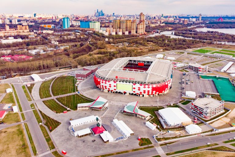 Moscow, Russia - April 24, 2018: Aerial view of Spartak Stadium Otkritie Arena . Beautiful panorama of modern Spartak Stadium from above. Moscow, Russia - April 24, 2018: Aerial view of Spartak Stadium Otkritie Arena . Beautiful panorama of modern Spartak Stadium from above.