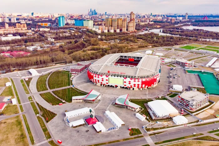 Moscow, Russia - April 24, 2018: Aerial view of Spartak Stadium Otkritie Arena . Beautiful panorama of modern Spartak Stadium from above. Spartak Moskva – Benfica, 4/8: Speltips & stream