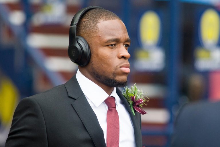 Glasgow, Scotland, May 25th 2019. Uche Ikpeazu of Hearts arrives ahead of the William Hill Scottish Cup final between Celtic and Hearts at Hampden Park on May 25th 2019 in Glasgow, Scotland. Editorial use only, licence required for commercial use. No use Glasgow, Scotland, May 25th 2019. Uche Ikpeazu of Hearts arrives ahead of the William Hill Scottish Cup final between Celtic and Hearts at Hampden Park on May 25th 2019 in Glasgow, Scotland. Editorial use only, licence required for commercial use. No use