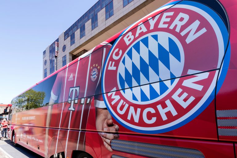 team bus of the FC Bayern Munich football department. The FC Bayern the most successful club in German football history.