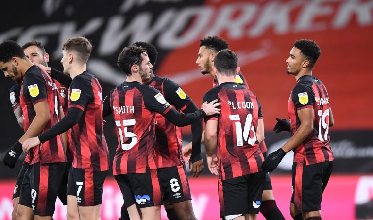 Vitality Stadium, Bournemouth, Dorset, UK. 24th Nov, 2020. English Football League Championship Football, Bournemouth Athletic versus Nottingham Forest; Junior Stanislas of Bournemouth celebrates with his team after scoring in 50th minute from the penalty