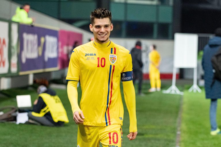 Ploiesti, Romania. 17th Nov, 2020. Ianis Hagi #10 of Romania celebrating the qualification to the European Under-21 Championship 2021 Qualifying Round match between the national teams of Romania and Denmark at "Ilie Oana" Stadium in Ploiesti, Romania. 17. Ploiesti, Romania. 17th Nov, 2020. Ianis Hagi #10 of Romania celebrating the qualification to the European Under-21 Championship 2021 Qualifying Round match between the national teams of Romania and Denmark at "Ilie Oana" Stadium in Ploiesti, Romania. 17.