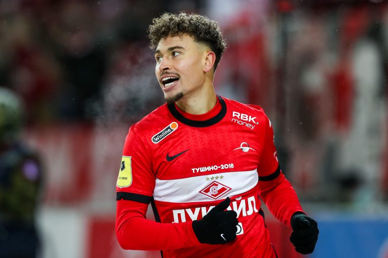 Moscow, Russia. 7th Mar, 2021. Spartak's Jordan Larsson celebrates after scoring in the 2020/21 Russian Football Premier League Round 21 football match between Spartak Moscow and FC Krasnodar at Otkrytie Arena. Credit: Sergei Savostyanov/TASS/Alamy Live N Moscow, Russia. 7th Mar, 2021. Spartak's Jordan Larsson celebrates after scoring in the 2020/21 Russian Football Premier League Round 21 football match between Spartak Moscow and FC Krasnodar at Otkrytie Arena. Credit: Sergei Savostyanov/TASS/Alamy Live N