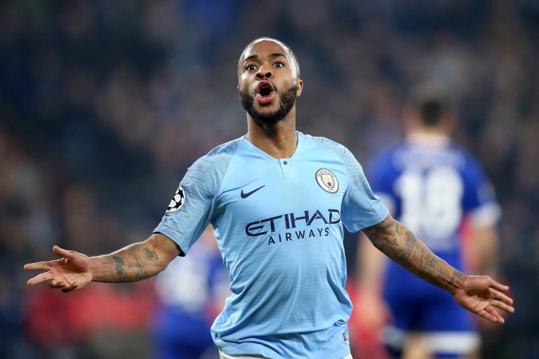 firo: 20.02.2019, football, UEFA Champions League, season 2018/2019, round of 16, first leg, FC Schalke 04 - Manchester City, goaljubel, jubilation, joy, Raheem STERLING, Manchester City, half figure, gesture, facial expressions, | usage worldwide firo: 20.02.2019, football, UEFA Champions League, season 2018/2019, round of 16, first leg, FC Schalke 04 - Manchester City, goaljubel, jubilation, joy, Raheem STERLING, Manchester City, half figure, gesture, facial expressions, | usage worldwide