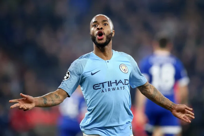 firo: 20.02.2019, football, UEFA Champions League, season 2018/2019, round of 16, first leg, FC Schalke 04 - Manchester City, goaljubel, jubilation, joy, Raheem STERLING, Manchester City, half figure, gesture, facial expressions, | usage worldwide Leicester Manchester City stream speltips