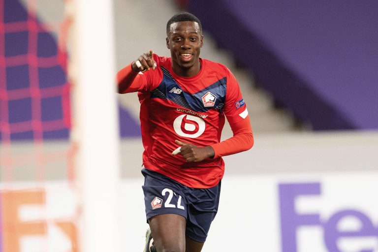 Timothy Weah of OSC Lille celebrates his goal during the UEFA Europa League match between OSC Lille and Ajax Amsterdam at Pierre Mauroy Stadium, on February 18, 2021 in Villeneuve d Ascq, France.Photo by David Niviere/ABACAPRESS.COM