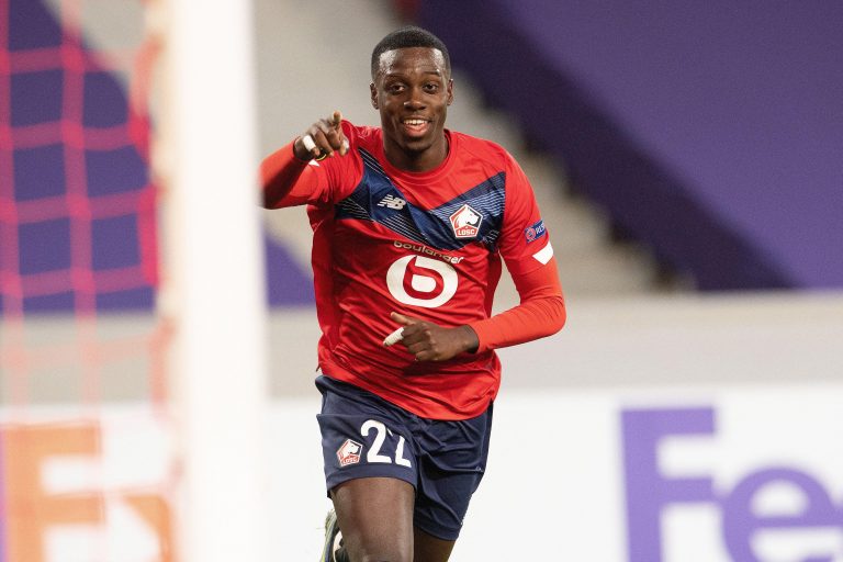 Timothy Weah of OSC Lille celebrates his goal during the UEFA Europa League match between OSC Lille and Ajax Amsterdam at Pierre Mauroy Stadium, on February 18, 2021 in Villeneuve d Ascq, France.Photo by David Niviere/ABACAPRESS.COM Timothy Weah of OSC Lille celebrates his goal during the UEFA Europa League match between OSC Lille and Ajax Amsterdam at Pierre Mauroy Stadium, on February 18, 2021 in Villeneuve d Ascq, France.Photo by David Niviere/ABACAPRESS.COM
