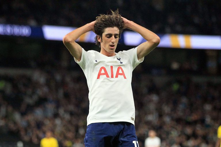 London, UK. 26th Aug, 2021. Bryan Gil of Tottenham Hotspur reacts after missing a shot on goal. UEFA Europa conference league play off match 2nd leg, Tottenham Hotspur v Pacos de Ferreira at the Tottenham Hotspur Stadium in London on Thursday 26th August