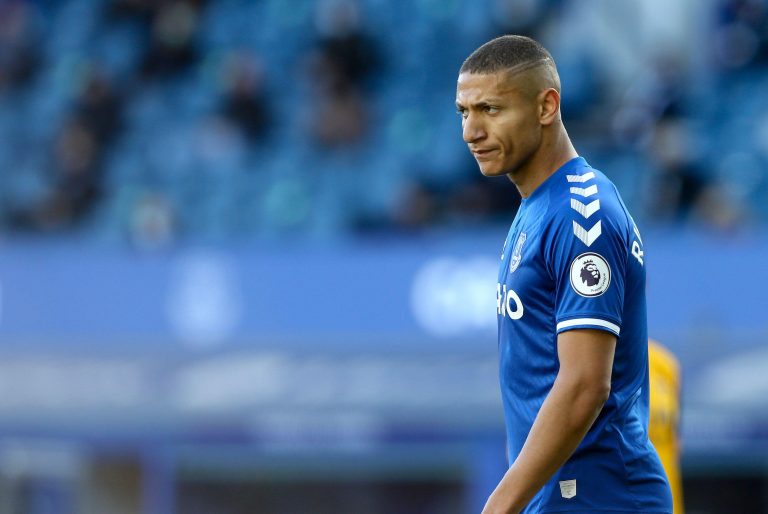 Everton, UK. 19th May, 2021. Richarlison of Everton looks on. Premier League match, Everton v Wolverhampton Wanderers at Goodison Park in Liverpool on Wednesday 19th May 2021. this image may only be used for Editorial purposes. Editorial use only, license