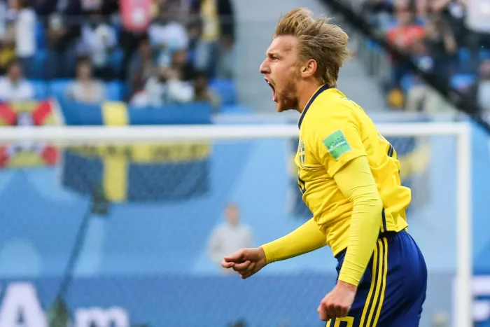 St Petersburg, Russia. 03rd July, 2018. ST PETERSBURG, RUSSIA - JULY 3, 2018: Sweden's Emil Forsberg reacts as he scores a goal in the Knockout Stage Round of 16 football match between Sweden and Switzerland at Saint Petersburg Stadium (Krestovsky Stadium Sverige Grekland speltips odds