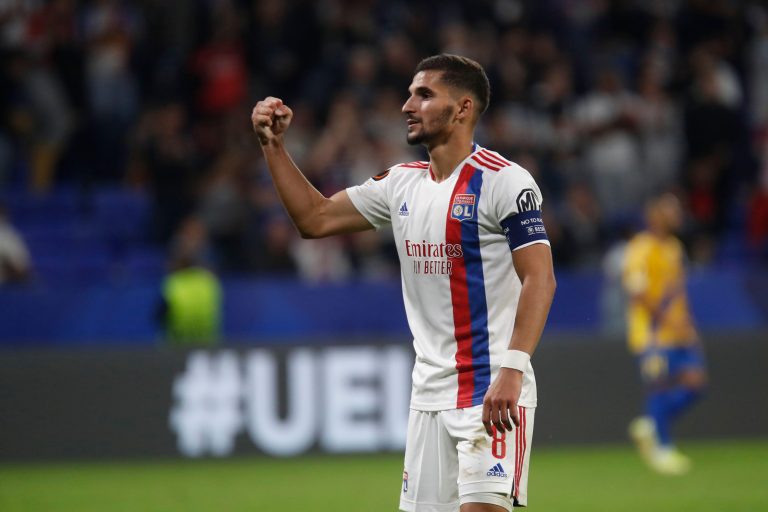 Houssem AOUAR of Lyon during the UEFA Europa League, Group A football match between Olympique Lyonnais and Brondby IF on September 30, 2021 at Groupama stadium in Decines-Charpieu near Lyon, France - Photo Romain Biard / Isports / DPPI