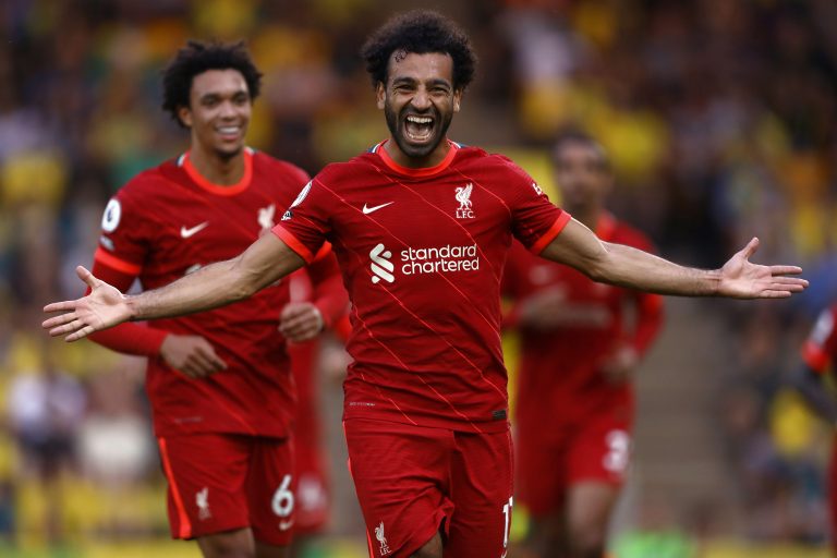 Mohamed Salah of Liverpool celebrates after scoring a goal to make it 0-3 - Norwich City v Liverpool, Premier League, Carrow Road, Norwich, UK - 14th August 2021Editorial Use Only - DataCo restrictions apply