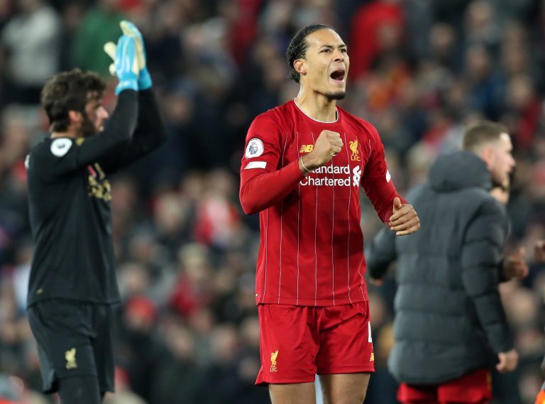Anfield, Liverpool, Merseyside, UK. 10th Nov, 2019. English Premier League Football, Liverpool versus Manchester City; Virgil van Dijk of Liverpool roars his approval toward the supporters on the Kop after the final whistle - Strictly Editorial Use Only.