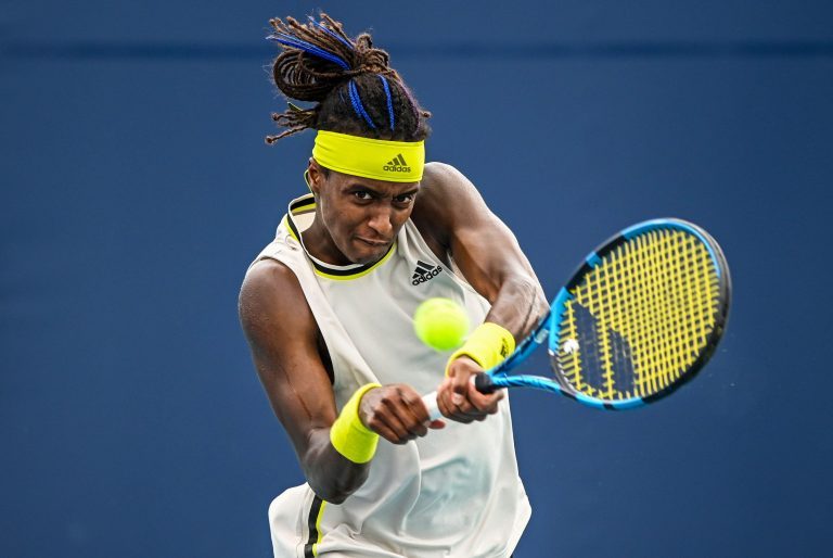 Miami Gardens, Florida, USA. 24th Mar, 2021. Mikael Ymer of Sweden hits a backhand during his victory over Alejandro Tabilo of Chile in the first round of the Miami Open on March 24, 2021 on the grounds of Hard Rock Stadium in Miami Gardens, Florida. Mike