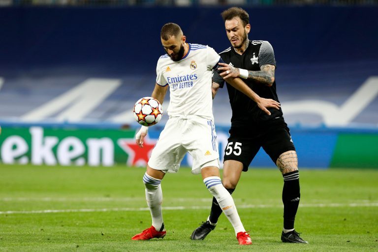 Karim Benzema of Real Madrid during the UEFA Champions League match between Real Madrid and Sheriff Tiraspol Munich at Estadio Santiago Bernabeu in Madrid, Spain. Karim Benzema of Real Madrid during the UEFA Champions League match between Real Madrid and Sheriff Tiraspol Munich at Estadio Santiago Bernabeu in Madrid, Spain.