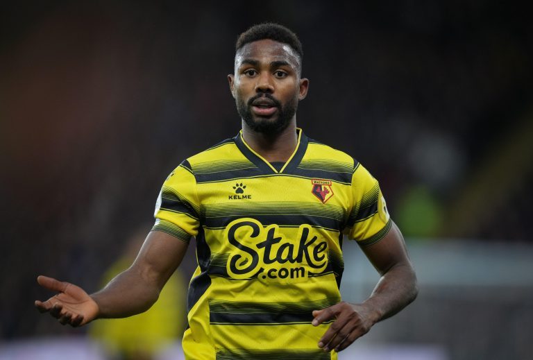 Watford, UK. 20th Nov, 2021. Emmanuel Dennis of Watford during the Premier League match between Watford and Manchester United at Vicarage Road, Watford, England on 20 November 2021. Photo by Andy Rowland. Credit: PRiME Media Images/Alamy Live News