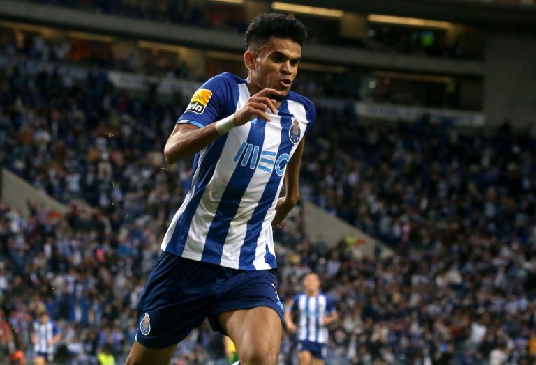 PORTO, PORTUGAL - OCTOBER 02: Luis Diaz of FC Porto celebrates after scores his Goal ,during the Liga Portugal Bwin match between FC Porto and FC Pacos de Ferreira at Estadio do Dragao on October 2, 2021 in Porto, Portugal. (Photo by MB Media)