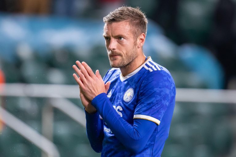 Jamie Vardy of Leicester City FC applauds during the UEFA Europa League Group Stage match between Legia Warszawa and Leicester City FC at Marshal Jozef Pilsudski Legia Warsaw Municipal Stadium.Final score; Legia Warszawa 1:0 Leicester City FC.