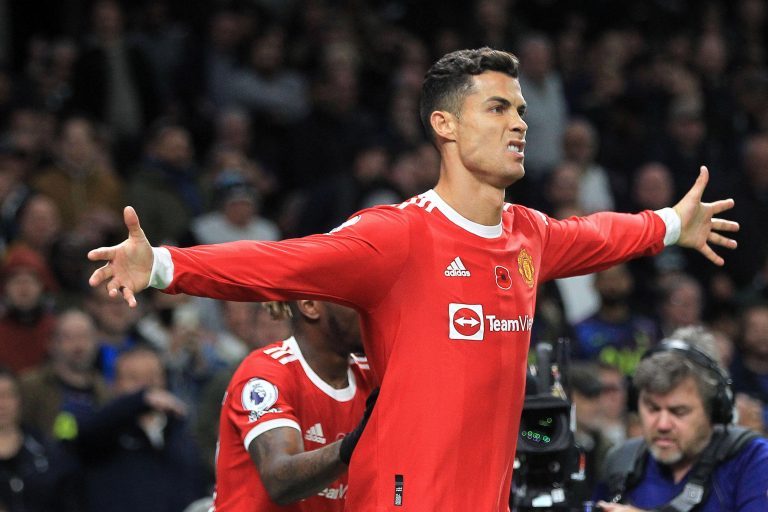 Cristiano Ronaldo of Manchester United celebrates after he scores his teams 1st goal. Premier League match, Tottenham Hotspur v Manchester Utd at the Tottenham Hotspur Stadium in London on Saturday 30th October 2021. this image may only be used for Editor