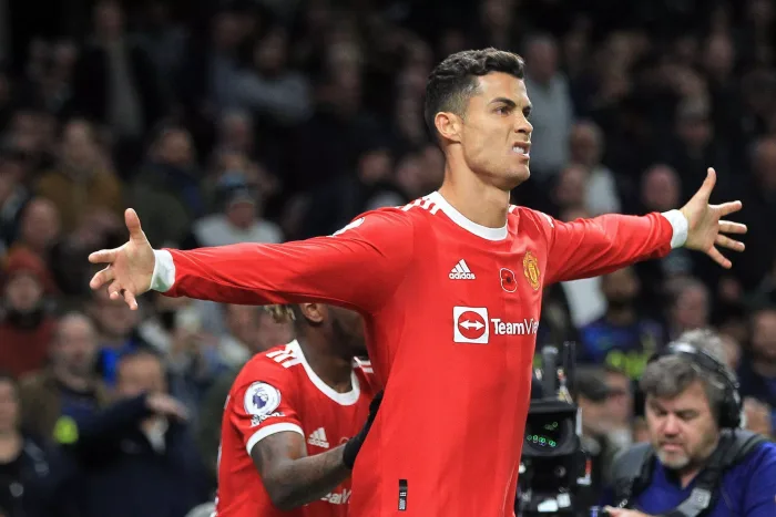 Cristiano Ronaldo of Manchester United celebrates after he scores his teams 1st goal. Premier League match, Tottenham Hotspur v Manchester Utd at the Tottenham Hotspur Stadium in London on Saturday 30th October 2021. this image may only be used for Editor Manchester United Burnley speltips stream