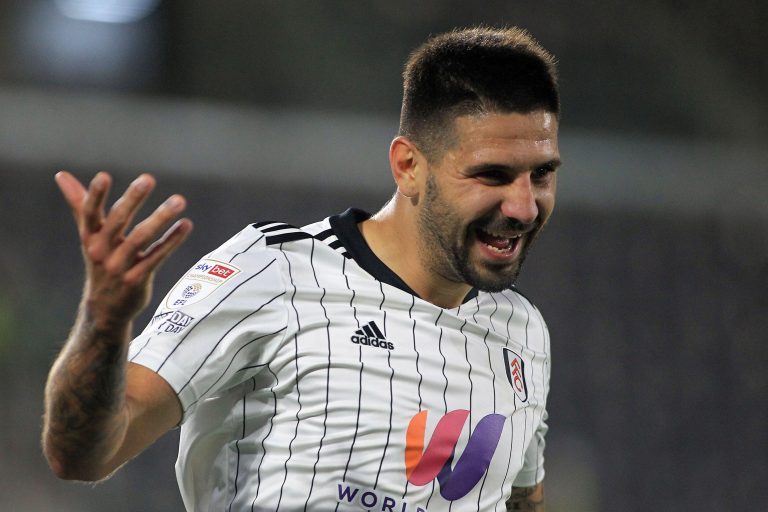 London, UK. 29th Sep, 2021. Aleksandar Mitrovic of Fulham celebrates after scoring his teams second goal. EFL Skybet Championship match, Fulham v Swansea City at Craven Cottage in London on Wednesday 29th September 2021. this image may only be used for Ed